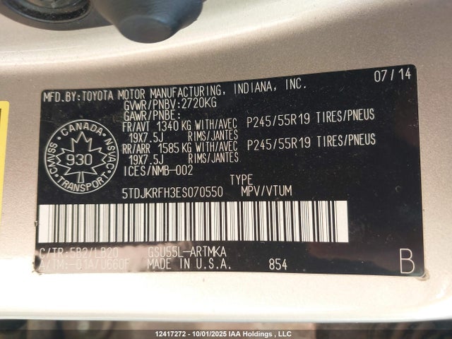 5TDJKRFH3ES070550 Toyota 2gr-fe