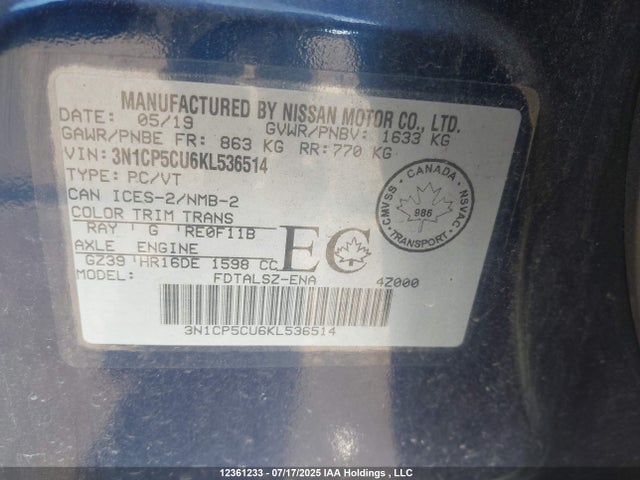 3N1CP5CU6KL536514 Nissan Kicks