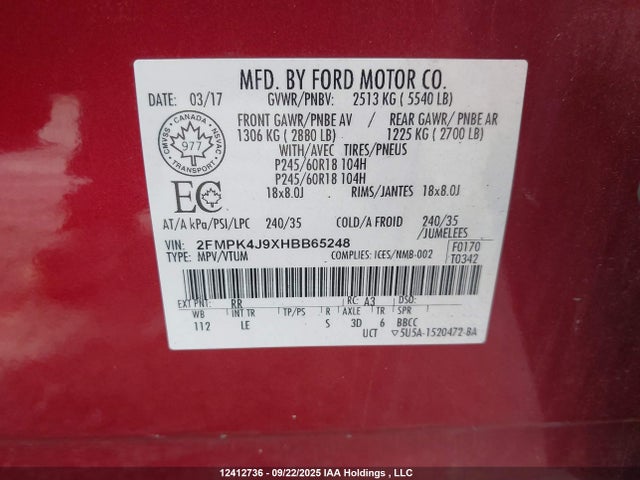 Ford 2.0l gtdi 2017 2FMPK4J9XHBB65248 Image 9