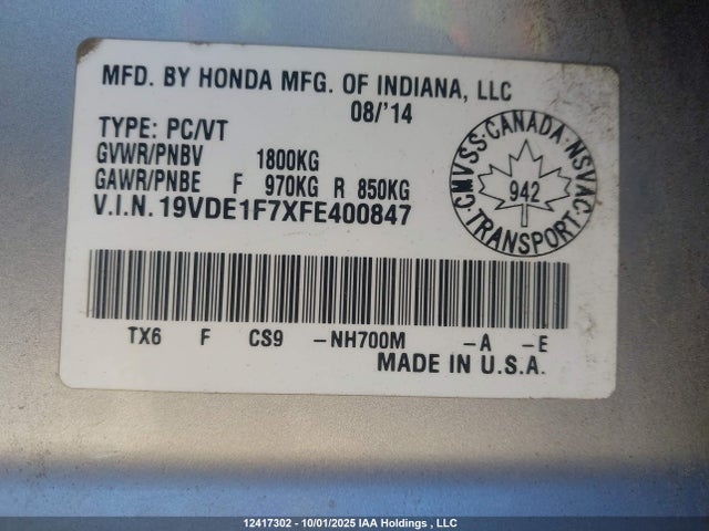Acura r20a5 2015 19VDE1F7XFE400847 Image 9