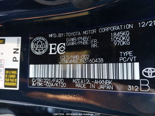 JTNK4MBE7N3160438 Toyota Corolla