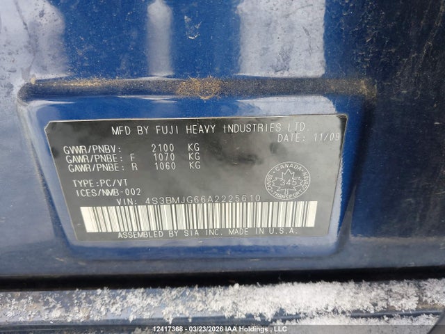 2010 Subaru Legacy 3.6r Premium მანქანა იყიდება აუქციონზე, vin: 4S3BMJG66A2225610, აუქციონის ნომერი: 12417368