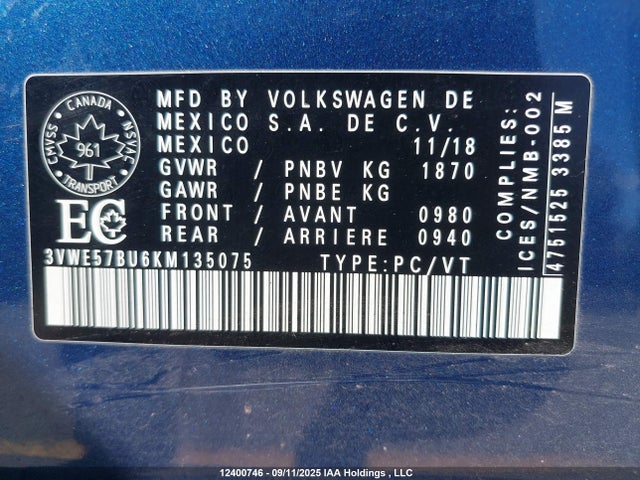 3VWE57BU6KM135075 Volkswagen 1.8 tsi