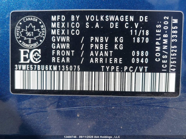 3VWE57BU6KM135075 Volkswagen 1.8 tsi