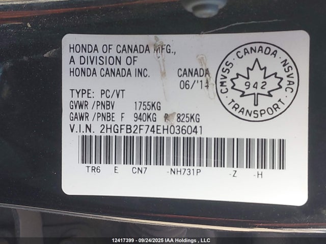 12417399 :رقم المزاد ، 2HGFB2F74EH036041 vin ، 2014 Honda Civic Touring مزاد بيع