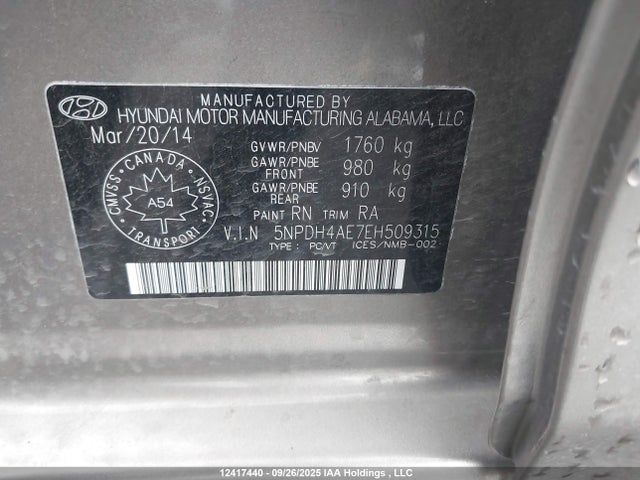 Hyundai dohc mpi nu 2014 5NPDH4AE7EH509315 Image 9