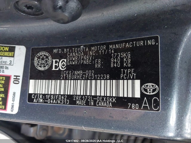 Toyota 2zr-fe 2015 2T1BURHE2FC312238 Image 9