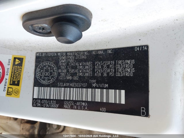 Toyota 2gr-fe 2014 5TDJKRFH6ES037137 Image 9