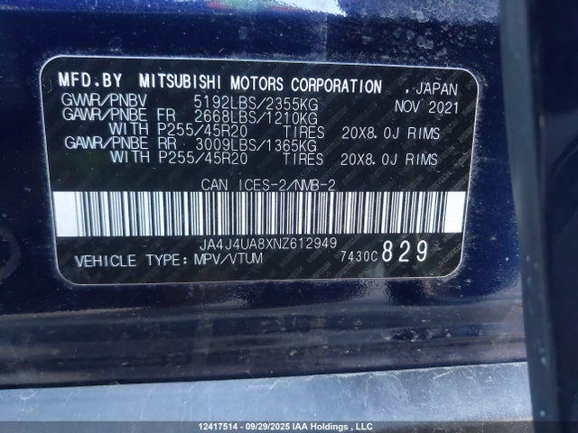 JA4J4UA8XNZ612949 Mitsubishi 2022