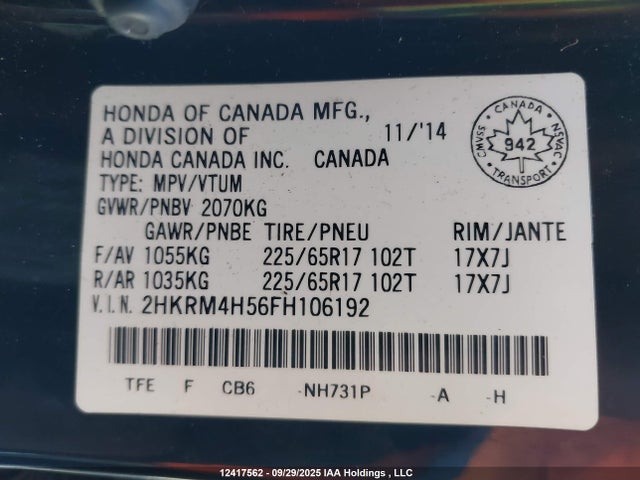 Honda k24w9 2015 2HKRM4H56FH106192 Image 9