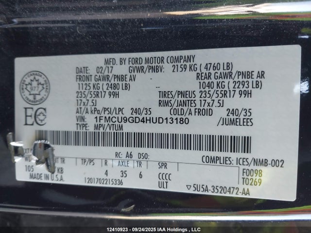 1FMCU9GD4HUD13180 Ford gtdi sigma w/premium fuel