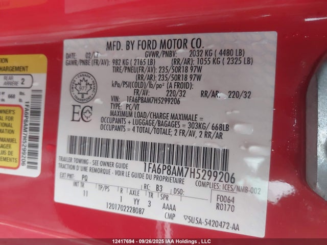 Ford 3.7l 4v 2017 1FA6P8AM7H5299206 Image 9