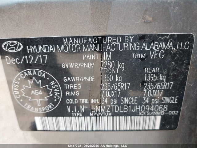 5NMZTDLB1JH094068 Hyundai gdi theta ii