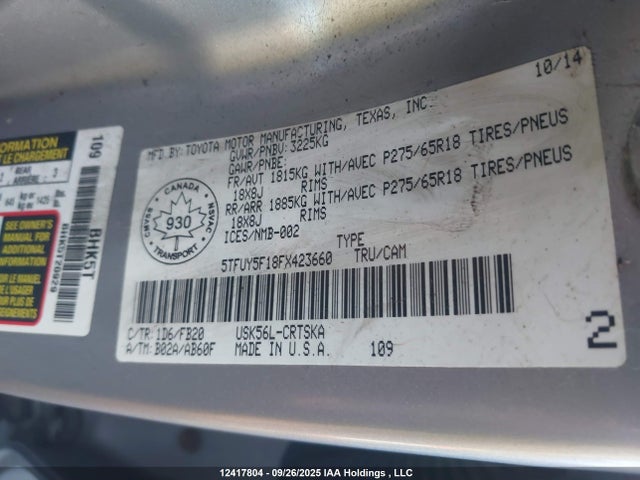 5TFUY5F18FX423660 Toyota Tundra Sr 5.7l V8