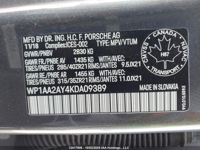 WP1AA2AY4KDA09389 Porsche 2019
