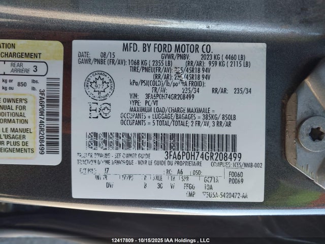 Ford Fusion 2016 3FA6P0H74GR208499 Image 9