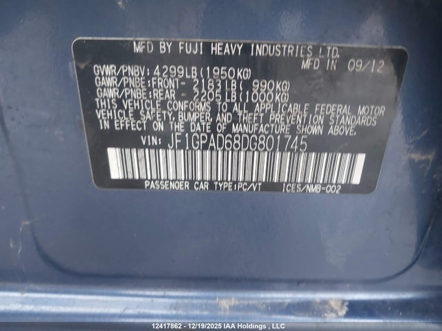 2013 Subaru Impreza 2.0i Touring Package მანქანა იყიდება აუქციონზე, vin: JF1GPAD68DG801745, აუქციონის ნომერი: 12417862
