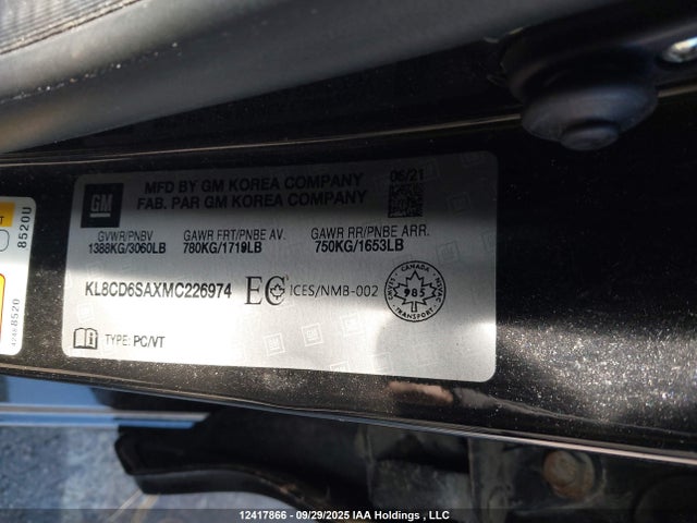 KL8CD6SAXMC226974 Chevrolet lv7 - mfi, variable valve timing, alum, gen 1 var 1
