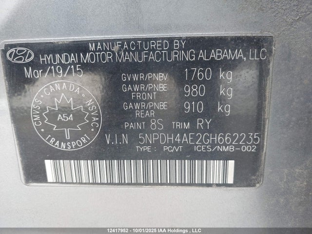Hyundai dohc mpi nu 2016 5NPDH4AE2GH662235 Image 9