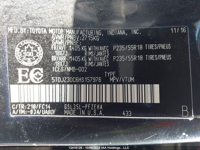 Toyota 2gr-fks 2017 5TDJZ3DC6HS157976 Image 9