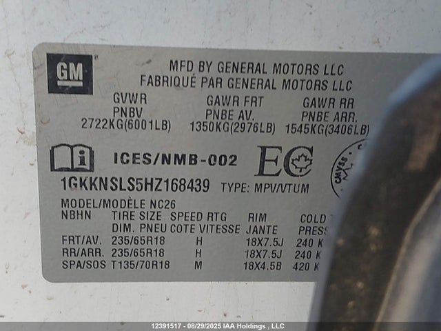 1GKKNSLS5HZ168439 GMC lgx - di: direct injection, vvt: variable valve timing, alum, gen 2