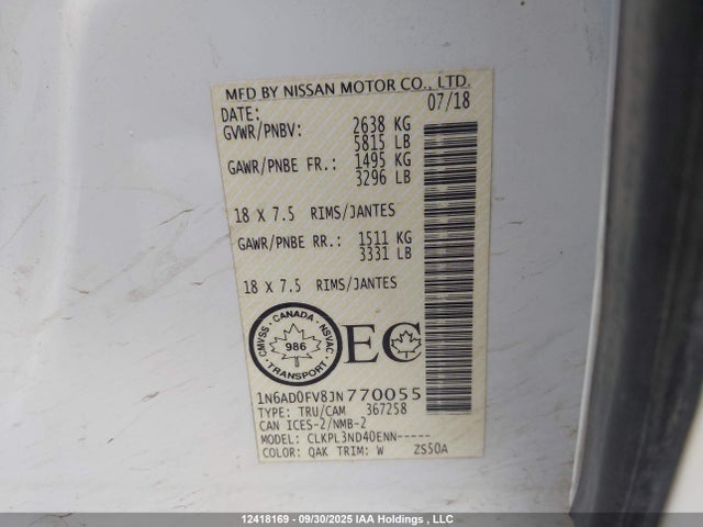 1N6AD0FV8JN770055 Nissan Frontier Sv/sl
