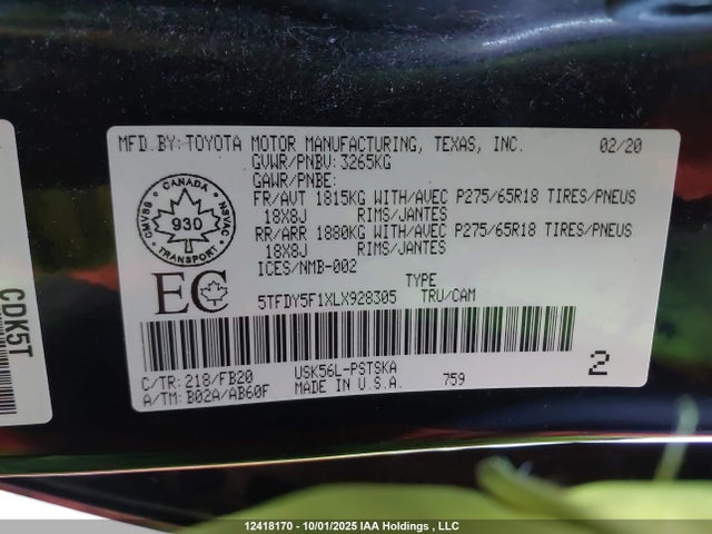 5TFDY5F1XLX928305 Toyota 3ur-fe