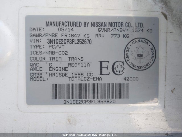 Aukcja sprzedaży 2015 Nissan Versa Note S/s Plus/sv/sl/sr, vin: 3N1CE2CP3FL352670, numer aukcji: 12418208