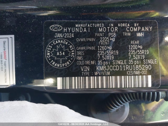 Aukcja sprzedaży 2024 Hyundai Tucson Sel Convenience, vin: KM8JCCD11RU185290, numer aukcji: 12418239