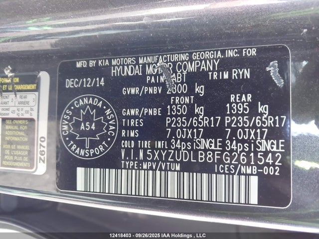 5XYZUDLB8FG261542 Hyundai dohc gdi theta ii