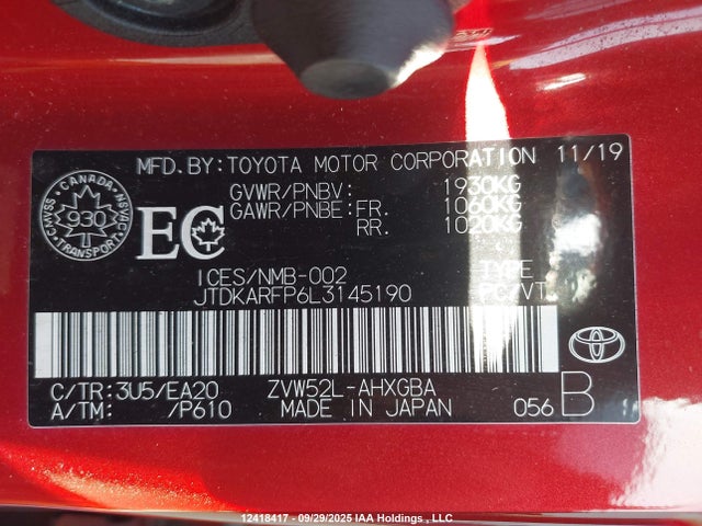 JTDKARFP6L3145190 Toyota 2zr-fxe+1nm+1sm