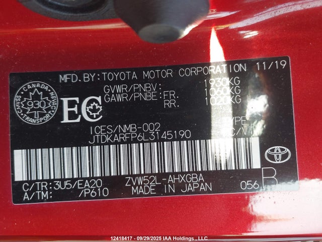 JTDKARFP6L3145190 Toyota 2zr-fxe+1nm+1sm