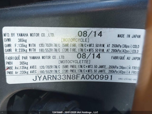 Yamaha FZ09 2015 JYARN33N8FA000991 Image 10