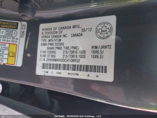 Aukcja sprzedaży 2012 Honda Cr-v Lx, vin: 2HKRM4H30CH108952, numer aukcji: 12418465