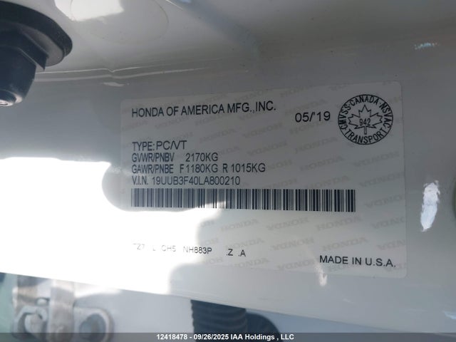 Acura j35y6 2020 19UUB3F40LA800210 Image 9