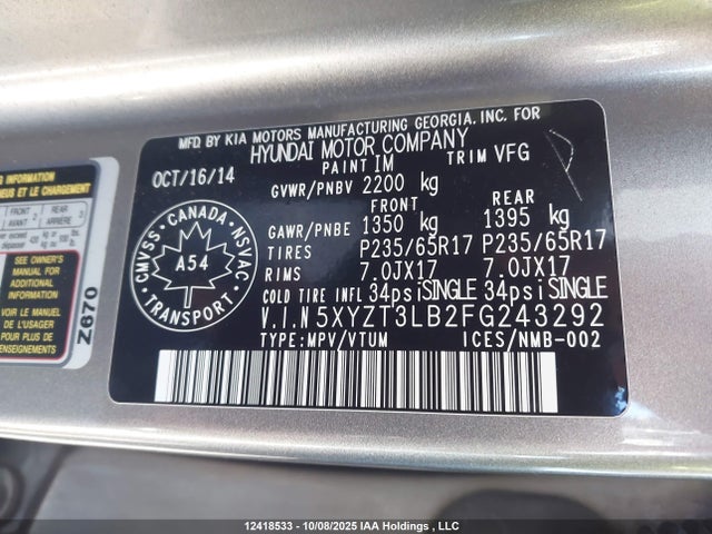 5XYZT3LB2FG243292 Hyundai dohc gdi theta ii
