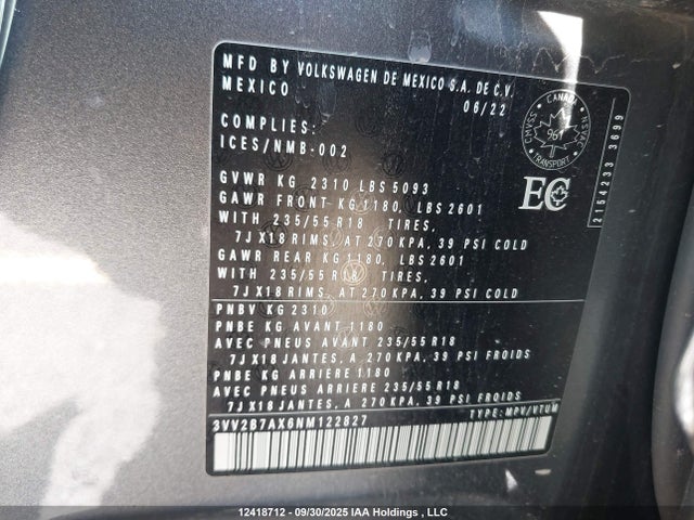 3VV2B7AX6NM122827 Volkswagen Tiguan