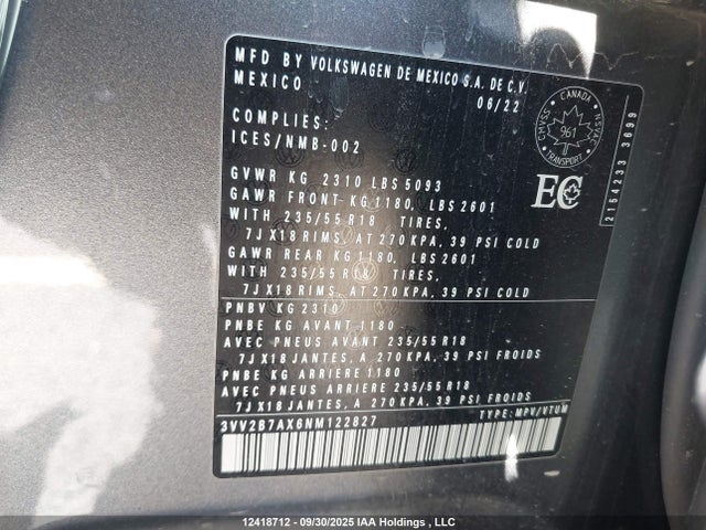 3VV2B7AX6NM122827 Volkswagen Tiguan