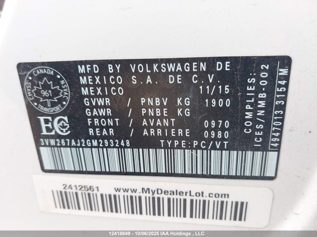 Aukcja sprzedaży 2016 Volkswagen Jetta S, vin: 3VW267AJ2GM293248, numer aukcji: 12418849