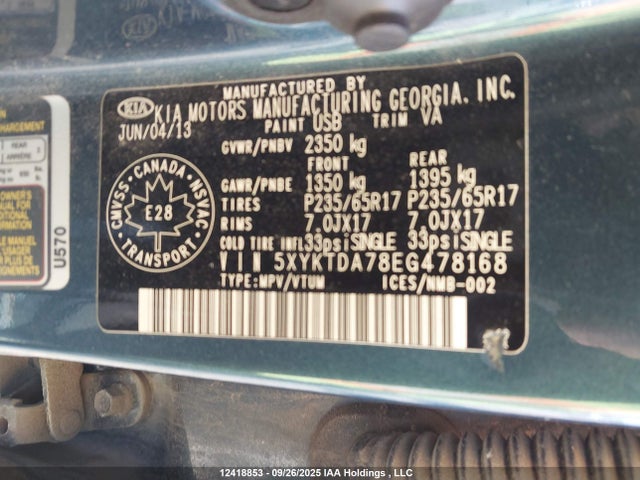 5XYKTDA78EG478168 KIA gasoline 3.3 v6 gdi lambda ii