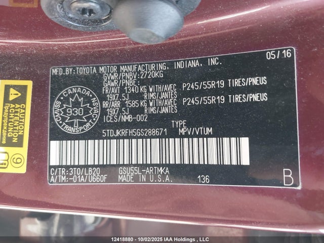 5TDJKRFH5GS288671 Toyota Highlander Xle