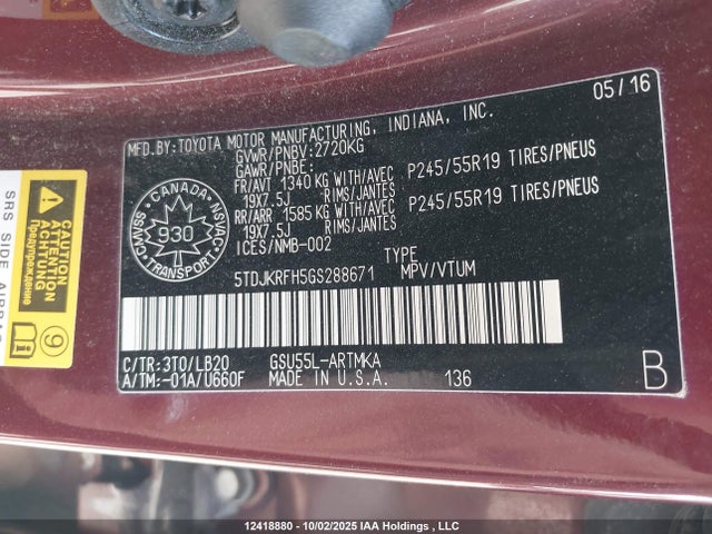 5TDJKRFH5GS288671 Toyota Highlander Xle