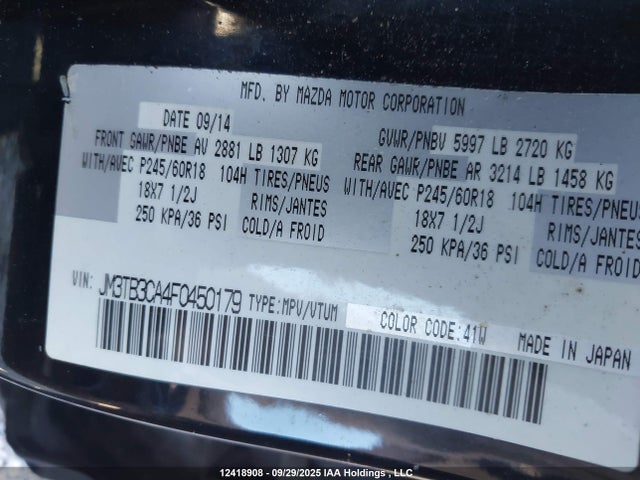 Aukcja sprzedaży 2015 Mazda Cx-9 Touring, vin: JM3TB3CA4F0450179, numer aukcji: 12418908