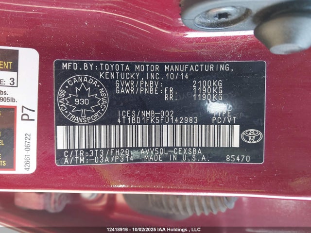 Toyota 2ar-fxe+2jm 2015 4T1BD1FK5FU142983 Image 9