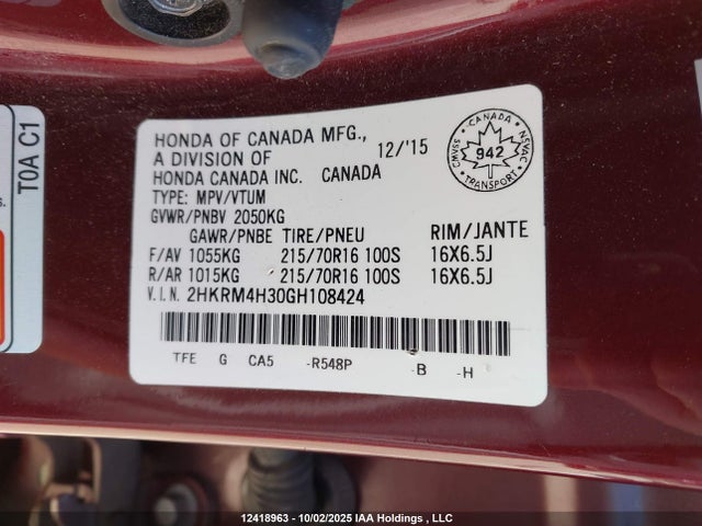 Honda k24w9 2016 2HKRM4H30GH108424 Image 9