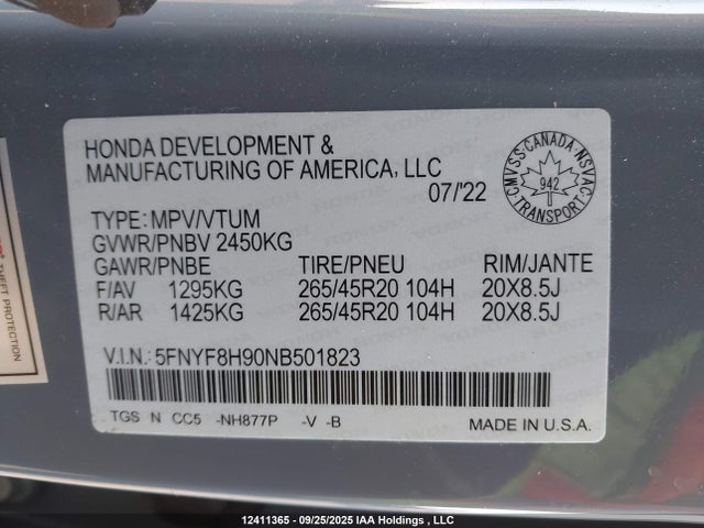 Honda j35y6 2022 5FNYF8H90NB501823 Image 19