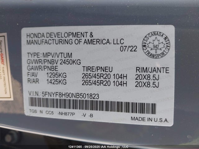 Honda j35y6 2022 5FNYF8H90NB501823 Image 9