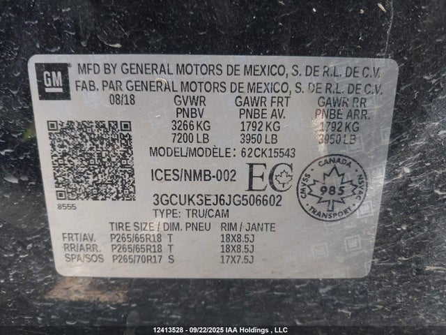 3GCUKSEJ6JG506602 Chevrolet l86 - sidi: spark ignited direct injection, vvt: variable valve timing, afm, e85 max, alum