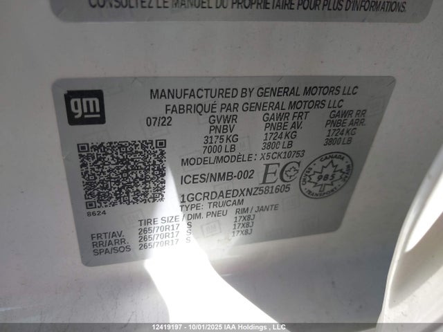 1GCRDAEDXNZ581605 Chevrolet Silverado 1500 Work Truck