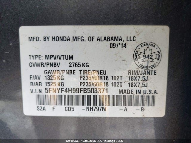 Honda j35z4 2015 5FNYF4H99FB503371 Image 19